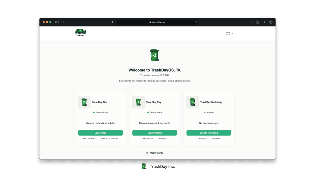 TrashDayOS Dashboard Interface