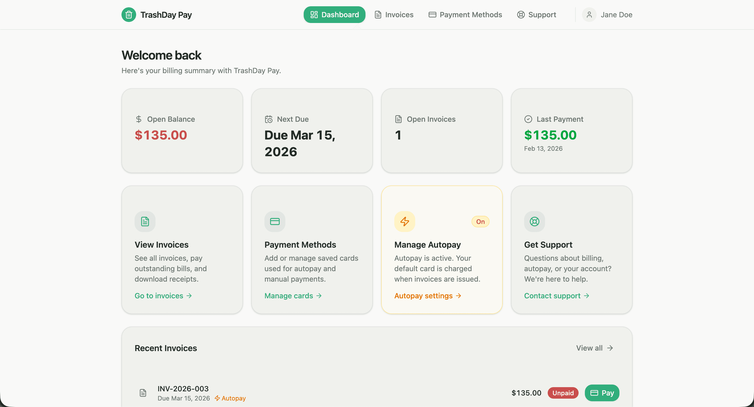 TrashDay Pay customer portal dashboard showing billing summary, invoices, payment methods, autopay management, and support